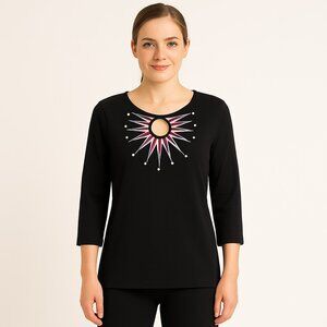 Bob Mackie Wearable Art Black Embroidered Embellished 3/4 Sleeve Top Womens S